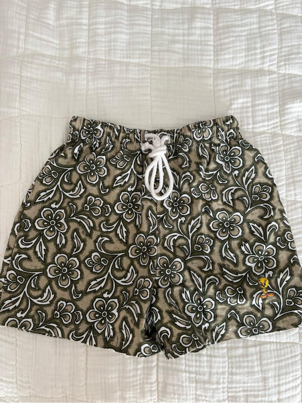 Warner Bros. Olive Floral Drawstring Shorts with White Tie
